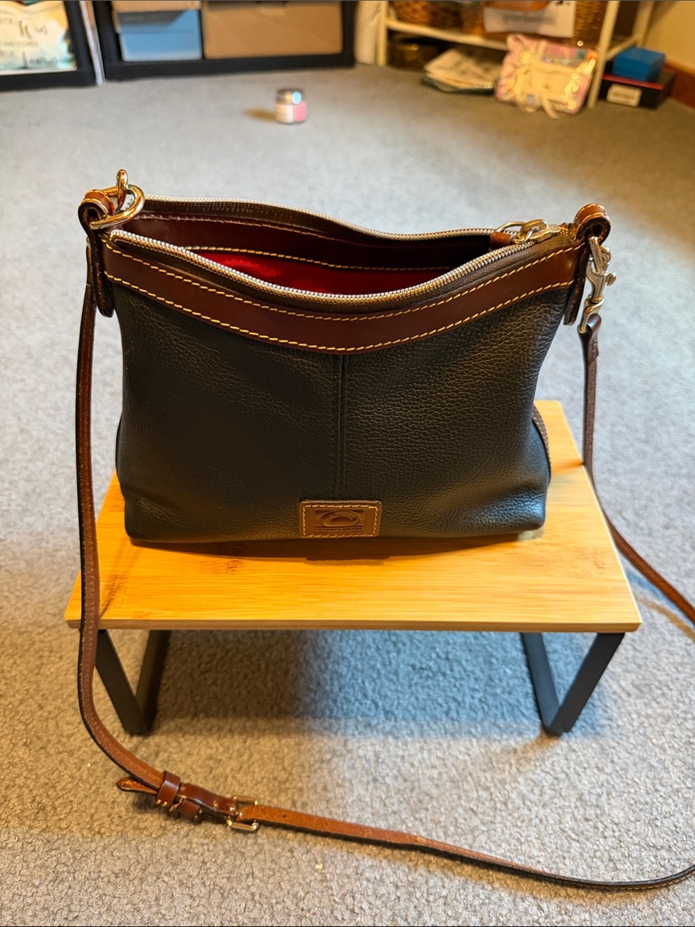 Dooney & Bourke Black Leather Crossbody with Brown Trim and Red Lining w/ wallet